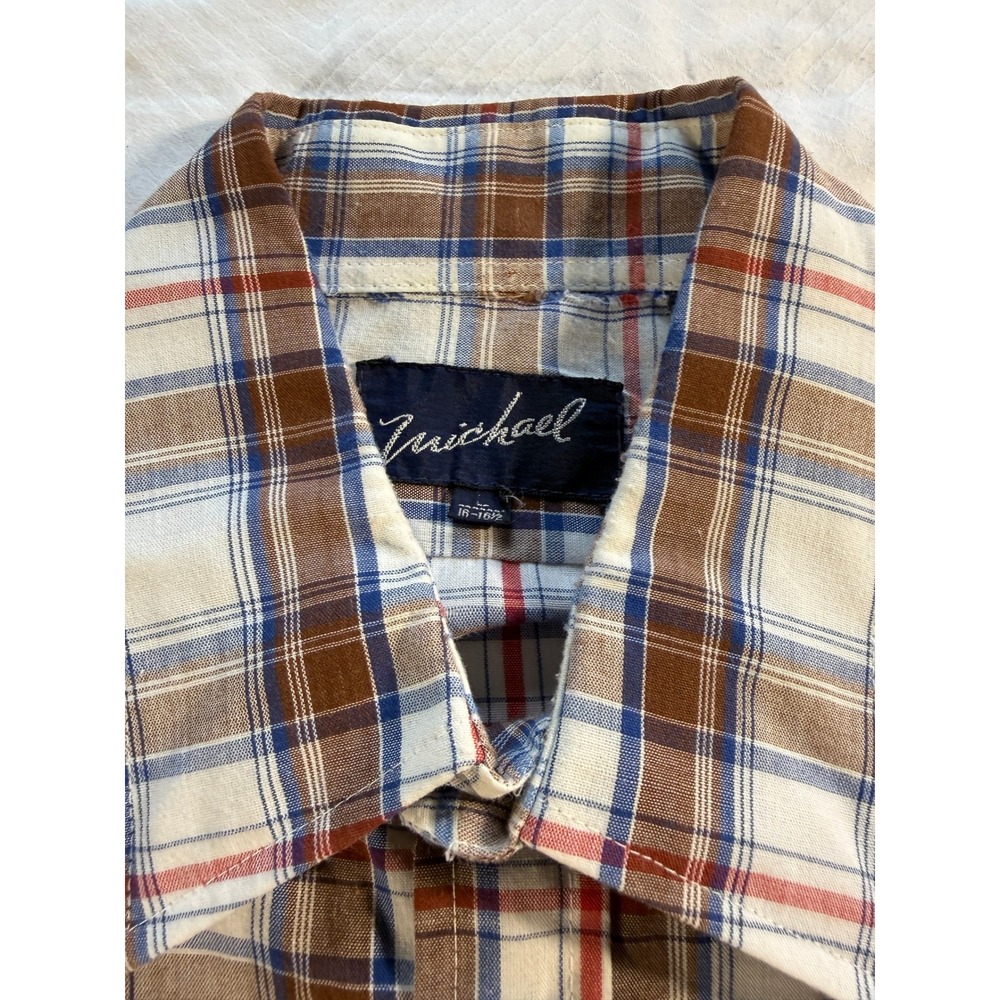 Vintage Michael Plaid Short Sleeve Button Up Shirt Brown Blue Red Large 16-16.5